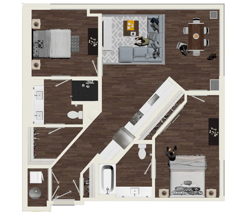 Floor plan for 2 beds, 2 baths